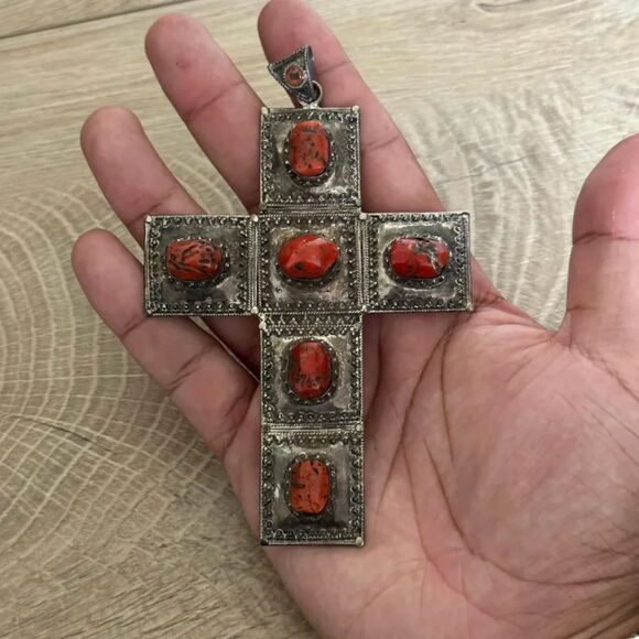 Vintage Zuni Navajo Western Coral Sterling Silver Cross Pendant - Picture 1 of 4